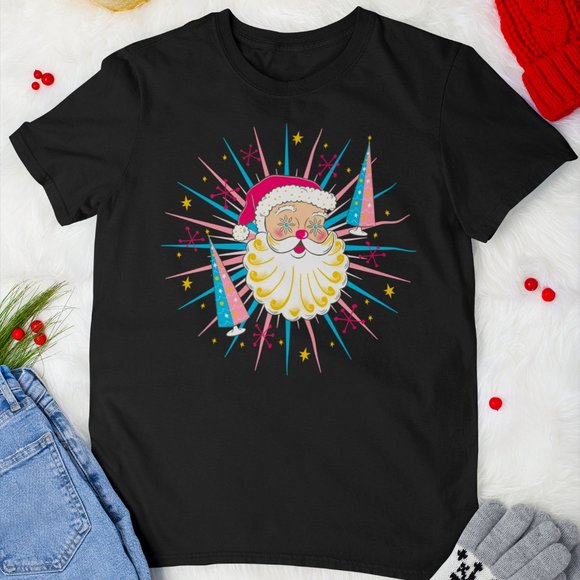 Vintage Christmas Starry Eyed Santa Holt Howard Black T-Shirt Pinup Retro MCM - Picture 3 of 4